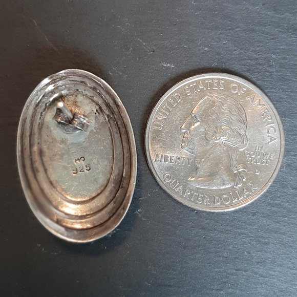 VTG 925 Sterling & Black Oval Pierced Signed Earrings Southwestern style - Picture 7 of 9